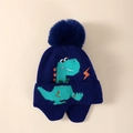 Berretto in maglia blu scuro per bambini con motivo dinosauro e pompon morbido - Dinosauro lavorato a maglia-Blu profondo