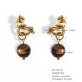 Detail showing 18K gold-plated butterfly knot earrings with 8mm brown natural stone beads - Gold Bowknot Brown Textured Bead Style (556-04)