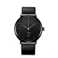 Minimalist all-black quartz watch with black leather strap and circular date display - Black Case Black Strap Black Dial
