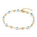 Golden stainless steel bracelet featuring blue evil eye charms and lobster clasp - White (KB169288-MW)