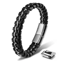 Braided black leather bracelet for men with silver stainless steel magnetic clasp - Single Chain Style / Steel