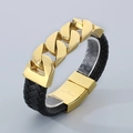 Pulsera de hombre en acero 316L con cadena cubana dorada y cuero trenzado negro - Color Dorado (KB43351-D)