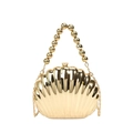 Elegant gold shell evening clutch bag with beaded handle and chain strap on white background - Gold Beaded Handle Style / Gold