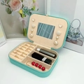 Portable lake blue leather jewelry box with mirror and velvet interior for travel - Medium Zipper Mirror Style / Blue