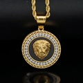 Gold plated hip hop lion head pendant necklace with black enamel and clear crystals - Gold - No Chain