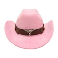 Pink western cowboy hat with brown leather band and silver metal bull head ornament - Pink