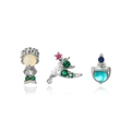 Three-piece silver earring set with opal character, flying bird and blue shield designs - Platinum