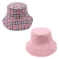 Flat lay of pink plaid and solid pink foldable cotton bucket hats for sun protection - One Size / Pink And White Plaid