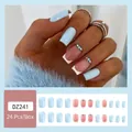 DZ241 Press-on nails set with light blue solid color and pink french rhinestone design - Glue Type / DZ241 French Blue/Pink