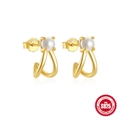 Elegantes pendientes de aro en plata S925 dorada en forma de C con perlas blancas y diamantes - Botón en U / Dorado (Perla)