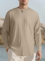 Khaki herenoverhemd van katoen-linnen met lange mouwen, verticale plooien en ronde hals - S / Khaki