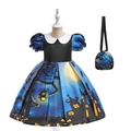 Girl's Halloween pumpkin witch dress set with black bodice and matching drawstring bag - 100cm / AWS022-Dark Blue (With Bag)