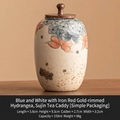 Miniature ceramic tea canister with blue floral patterns and a wooden lid, 103ml - Blue & White Gold Inlay - Hydrangea