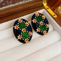 Vintage oval enamel flower earrings in deep blue and gold on a white velvet jewelry box - No.1 Silver Pin - Green Flower Oval
