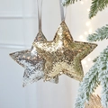 Stelle di Natale scintillanti in oro e argento appese a un ramo di albero innevato - 2 Pezzi/Set / Bicolore Oro e Argento