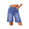 Women's washed blue denim capri shorts with elastic waist and mid-length fit - S / Blue