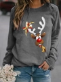 Detailed close-up of dark grey Christmas sweatshirt with cartoon reindeer print and gold bells - S / Tops / Gray
