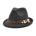Detail of grey wool felt fedora featuring leopard ribbon with pearls and gold floral ornament - M(56-58cm) / Dark Gray