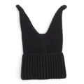 Detail of black ribbed knit beanie with cute cat ears showing soft yarn texture - Black