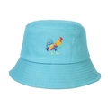 Close-up of rooster embroidery on light blue cotton bucket hat with parallel brim stitching - Adjustable / Sky Blue