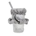 Close-up of grey fabric hair scrunchie drink cover with silver dots on a glass cup - Gray