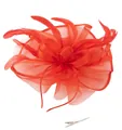 Elegant red fascinator hat with feathers and mesh veil on a headband with clip - Red
