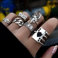 Set di 6 anelli vintage in argento con carte da poker, scritta DAD e motivi a cuore - Punk Poker Set Anelli Lettere Cuore 6 Pezzi / Argento Antico