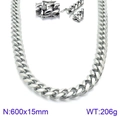 Silver hip hop titanium steel cuban chain necklace, 600x15mm with secure box clasp - Silver Cuban Link Necklace Lobster Clasp 600x15mm(KN93833-Z)