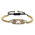 Gold beaded bracelet with heart and smiley face plate on adjustable black cord - Gold Copper Beads Black Rope