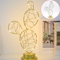 Golden metal wire cactus LED decorative lamp with warm glowing lights and round base - Cactus / Warm White
