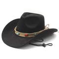 Classic black suede western cowboy hat with colorful gemstone band and windproof rope - M (56-58cm) / Black