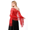 Detailed view of red lace shawl with intricate floral cutouts and long fringe tassels - Red