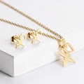 Golden titanium steel jewelry set featuring heart and heartbeat waveform necklace and earrings - Heart EKG