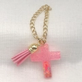 Pink glitter resin cross pendant with gold chain, tassel and letter R charm detail - Pink Letter (Pink Glitter Letter Cross + Pink Tassel)