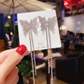 Elegant silver long tassel earrings with sparkling rhinestone butterfly design and S925 needle - Full Diamond Butterfly Long Tassel (E0273) 925 Sterling Silver Earring Post