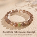 Elegante pulsera de cuentas de cuarzo negro ojo de gato con detalle verde y separador - Pulsera De Cuentas De Piedra Natural Negra (n.° 7) (exquisita Caja De Regalo)