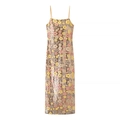 Abito lungo floreale con ricamo di paillettes e spalline sottili in beige e rosa - S / Floreale Multicolore Paillettes