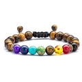 Adjustable seven chakra yoga bracelet with natural tiger eye and colorful stone beads - A-Grade Tiger Eye