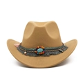 Khaki wool western cowboy hat with ethnic turquoise beads and fringe decorative band - One Size 58cm / Tassel Decor / Beige