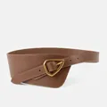 Caramel genuine leather wide waist belt with elegant gold triangle metal buckle - Caramel color