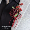 Deep red PE rose boutonniere for wedding suit with ribbon and green leaves 7x14cm - Dark Red