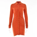 Detail of orange ruched mini dress showing lapel collar, buttons, and pleated fabric texture - S / Orange