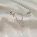 Silver butterfly ear cuff set with cubic zirconia and chain fringe on white silk - Silver Butterfly Tassel Set with Pave Rhinestones (White Gold Tone 2584)