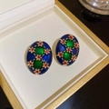 Vintage oval blue enamel earrings with green and red gemstones in a golden finish - Green Flower Oval (Silver Pin)