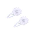 Pair of white fabric flower hair clips with crystal centers and ribbon-wrapped metal base - Bleached White