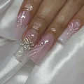 Pink and white gradient long square press-on nails with bow, pearls, and cat eye glitter - Pink Gradient Bowknot (Glue Style)