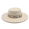 Detail of beige flat-top wool felt hat with ethnic woven band and 8.5cm wide brim - M (56-58cm) / Beige