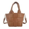 Brown large weave woven bucket handbag with crossbody strap in premium vegan leather - Khaki