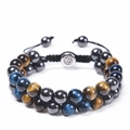 8mm triple layer bracelet with blue tiger eye, hematite beads and woven cord - Blue Yellow Tiger Eye Hematite Triple Bracelet