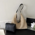 Beige woven straw tote bag with black straps and matching faux leather interior pouch - Black